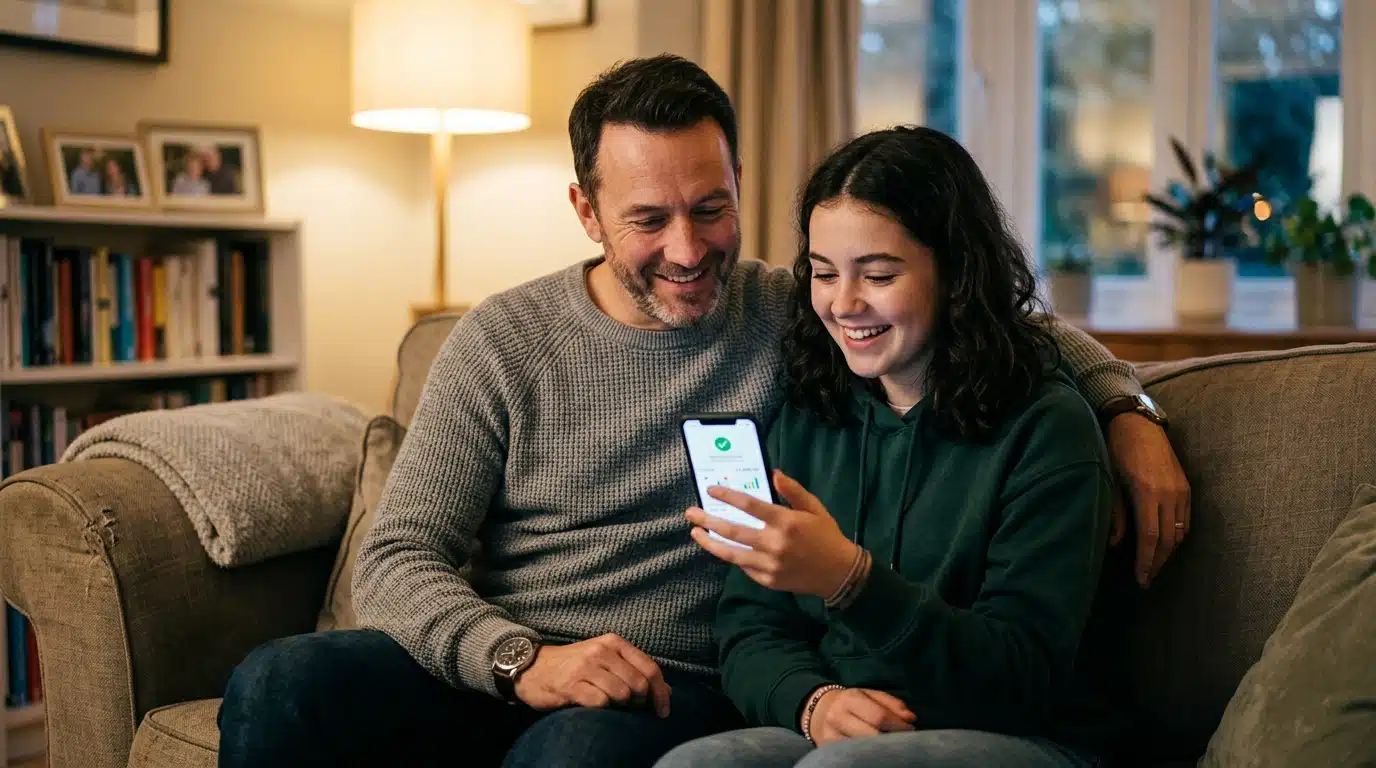 Père et fille consultant une notification de virement CAF