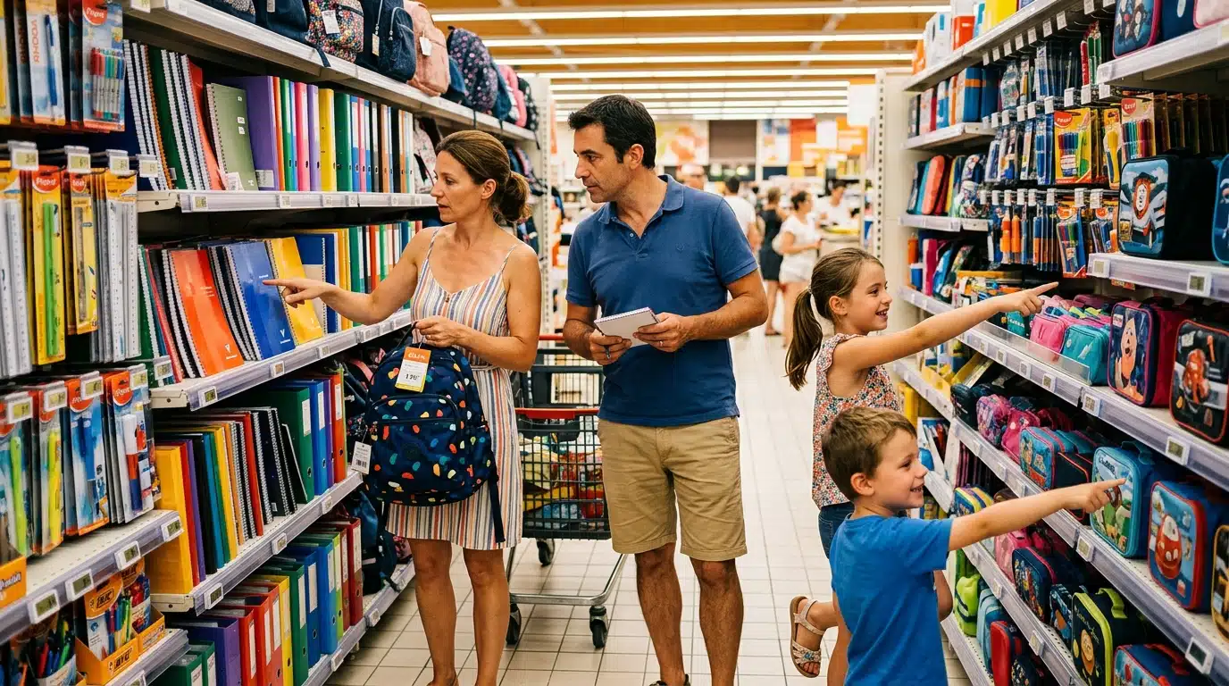 Famille comparant les prix des fournitures scolaires en magasin