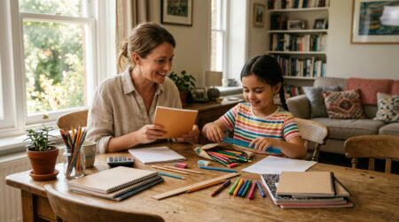 Famille préparant les fournitures scolaires à la maison