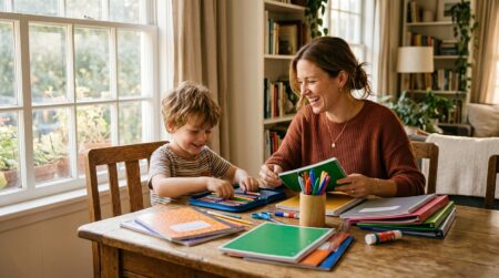 Parent et enfant préparent les fournitures scolaires ensemble