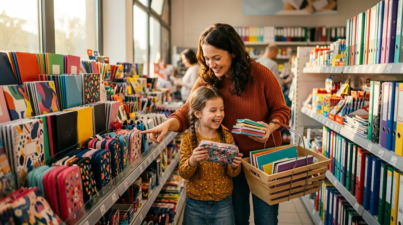 Mère et fille choisissent des fournitures scolaires en magasin