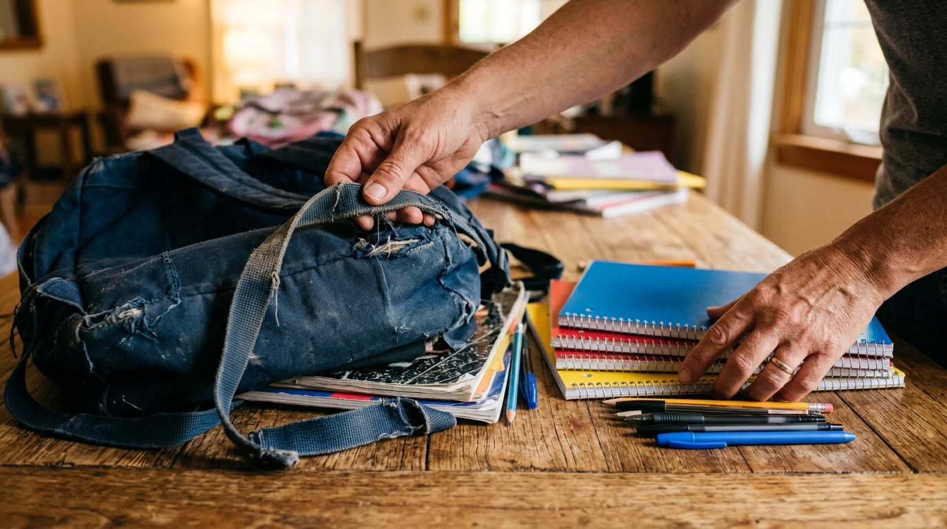 Parent trie les anciennes fournitures scolaires réutilisables