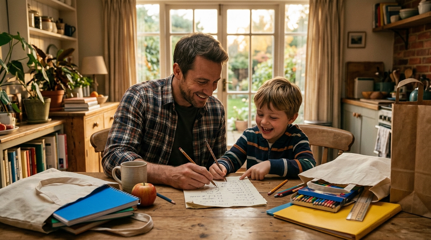 Père et fils vérifient la liste de fournitures scolaires