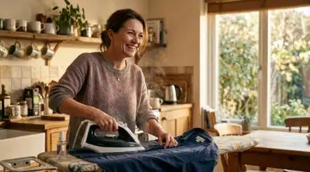 Femme repassant un vêtement à l'envers dans sa cuisine
