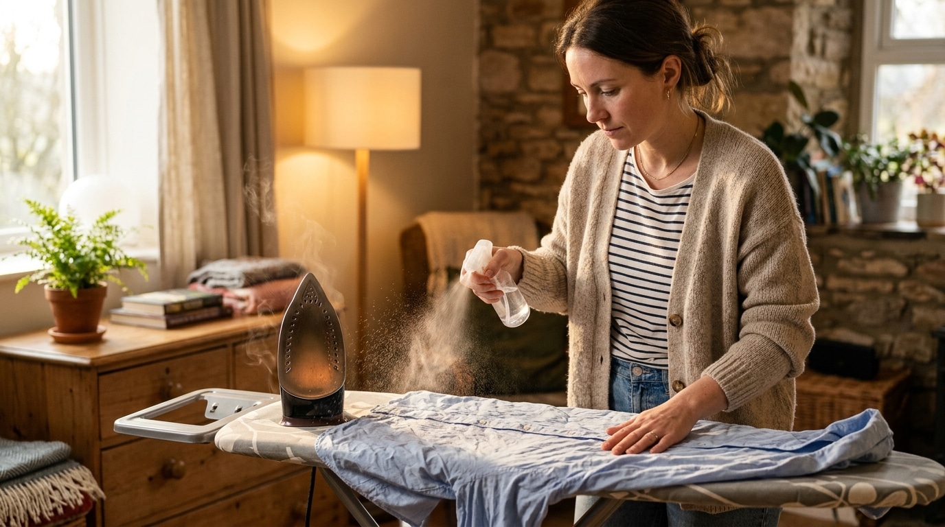 Vaporisation d'eau sur un tissu froissé avant repassage