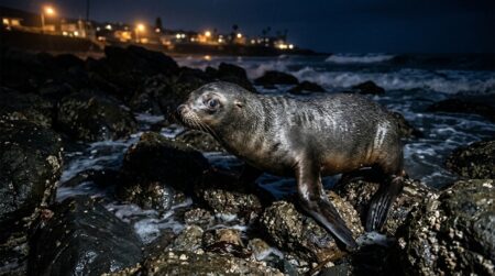 Otarie tentant de fuir sur une plage nocturne