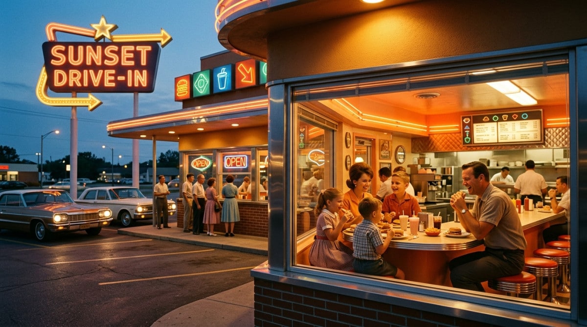 Restaurant fast-food américain illuminé à la tombée du jour