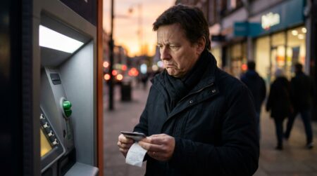 Personne inquiète devant un distributeur de billets au crépuscule