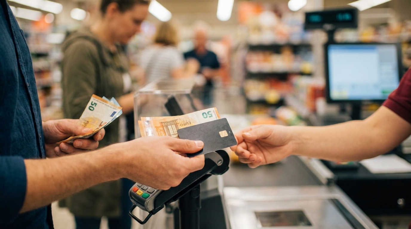 Billets en euros et carte bancaire à une caisse de supermarché