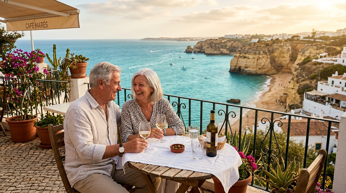 Couple de retraités français en terrasse face à l'océan en Algarve