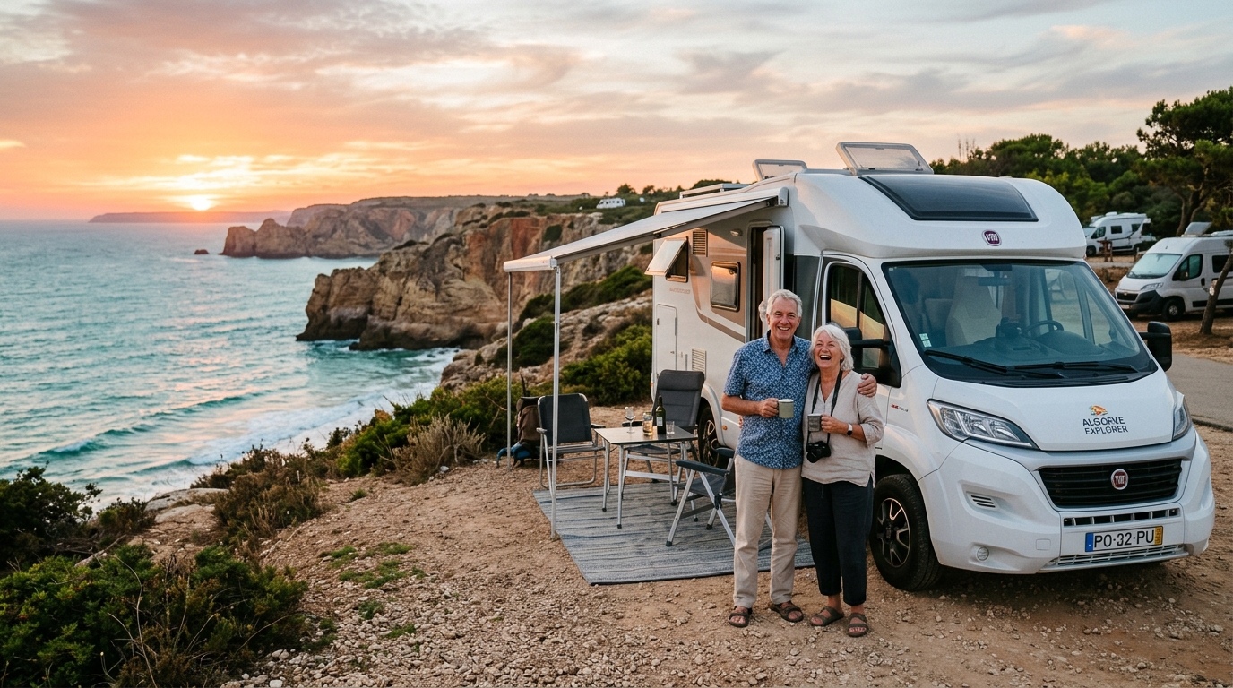 Retraités français devant leur camping-car sur la côte portugaise