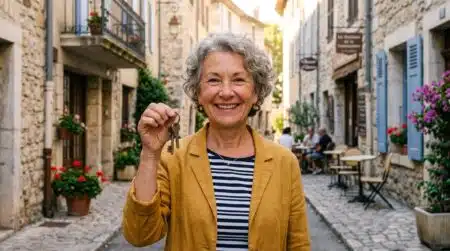 Retraitée souriante devant un immeuble en pierre en France