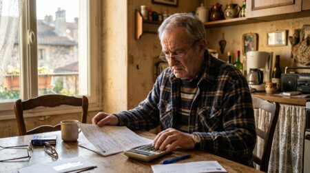 Retraité inquiet consultant son relevé de pension à table
