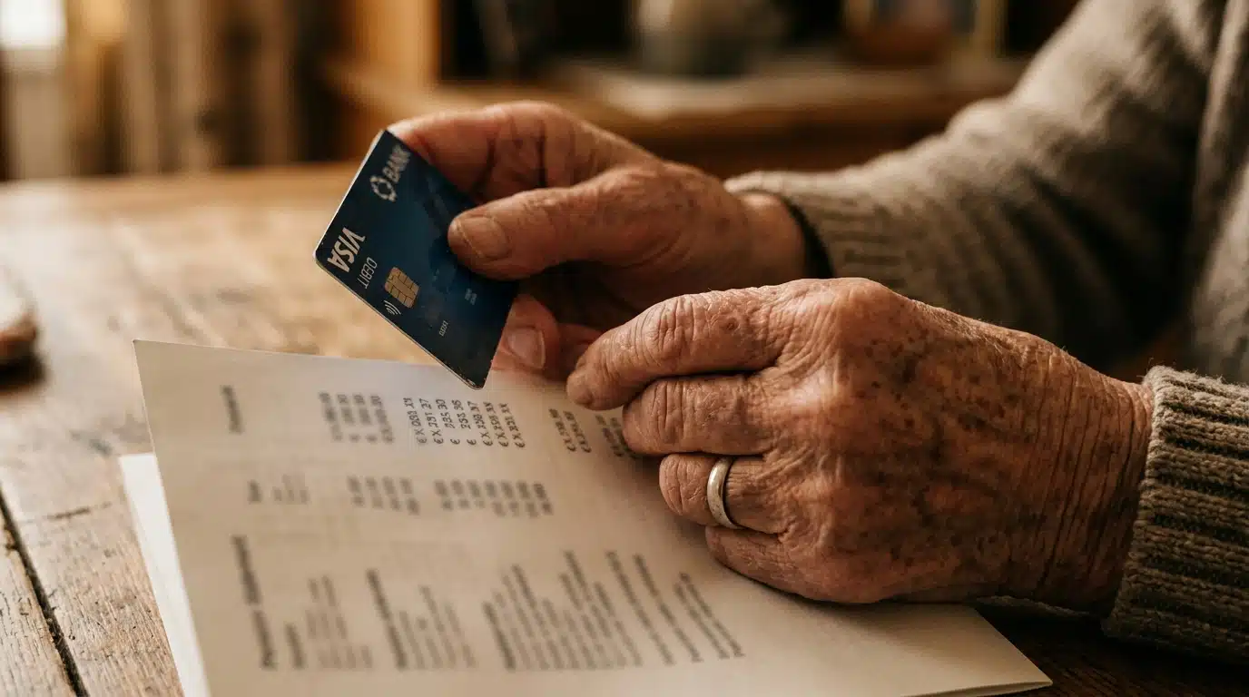 Mains âgées tenant une carte bancaire et un relevé de pension