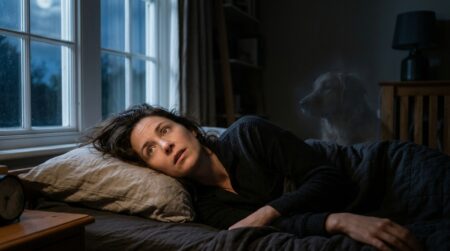 Personne allongée la nuit avec ombre de chien floue