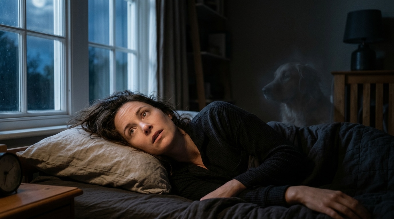 Personne allongée la nuit avec ombre de chien floue