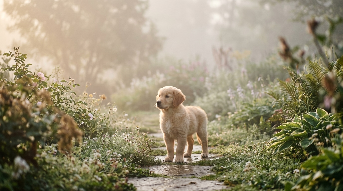 Chiot doré seul dans un jardin brumeux au lever du jour
