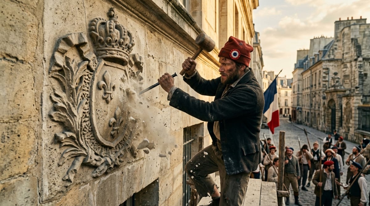 Révolutionnaire effaçant les armoiries royales d'un bâtiment en 1792