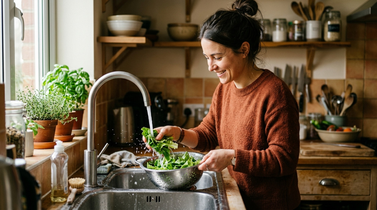 Rinçage minutieux de feuilles de salade sous l'eau