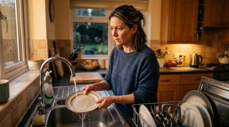 Femme qui rince une assiette avant le lave-vaisselle