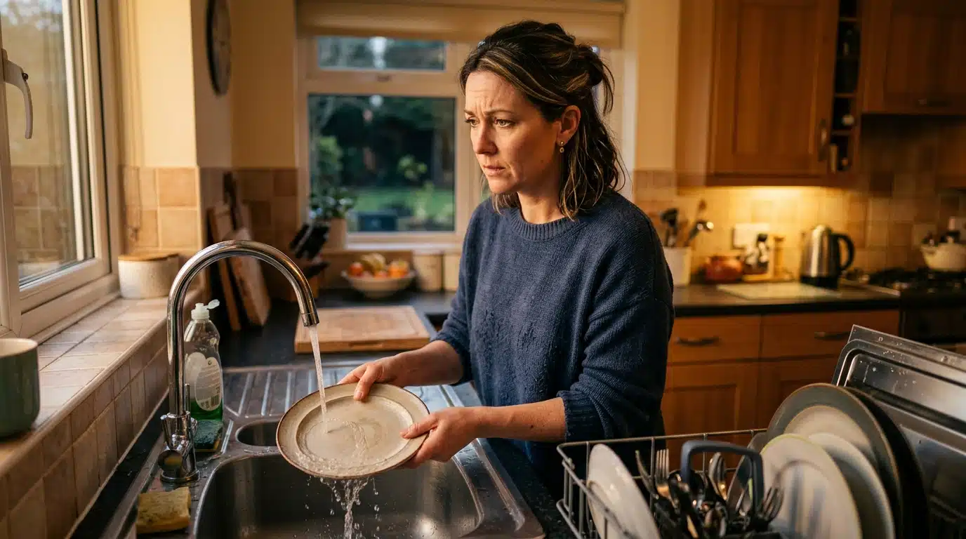 Femme qui rince une assiette avant le lave-vaisselle