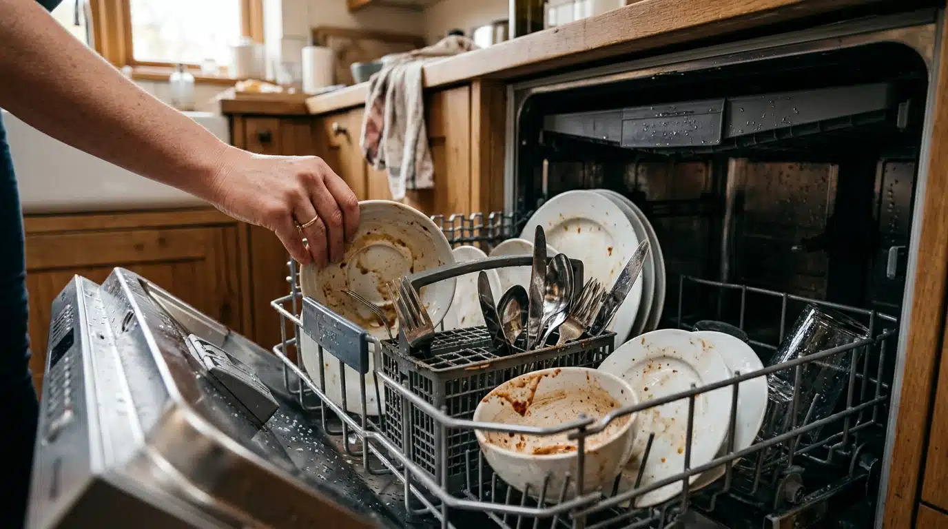 Vaisselle sale chargée dans un lave-vaisselle ouvert