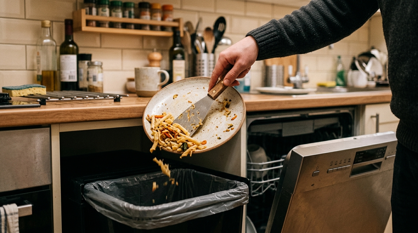 Main raclant les restes d'une assiette avant lavage