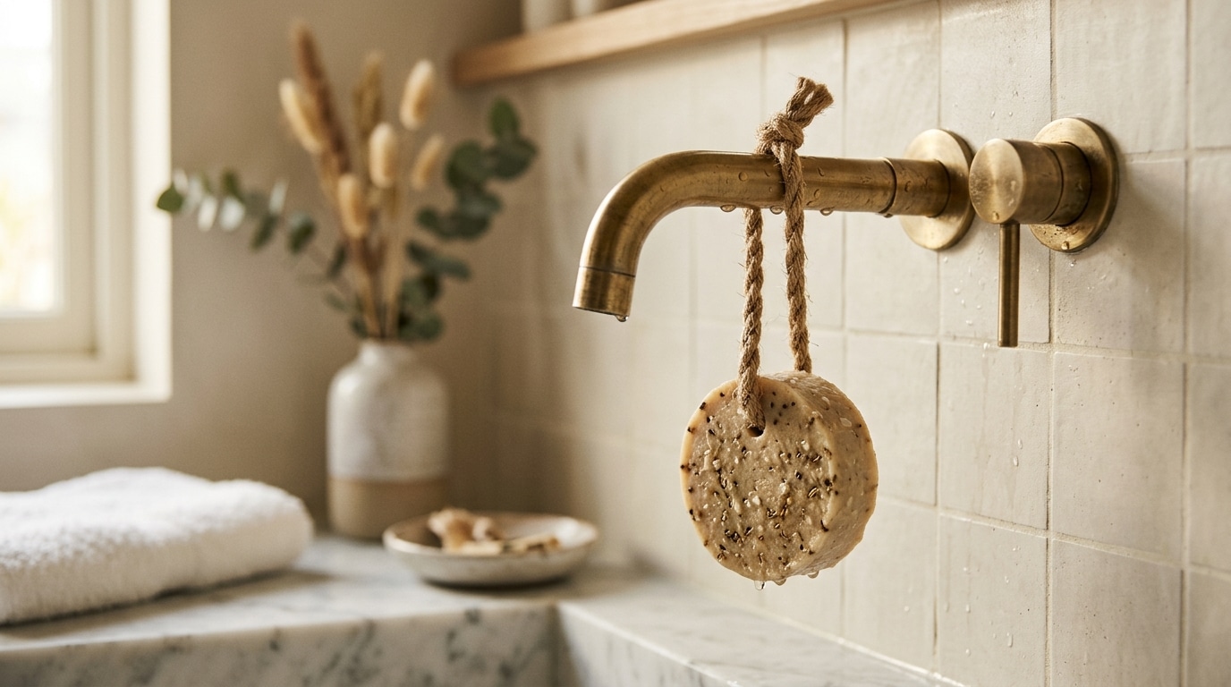 Savon suspendu par une corde de jute dans une salle de bain