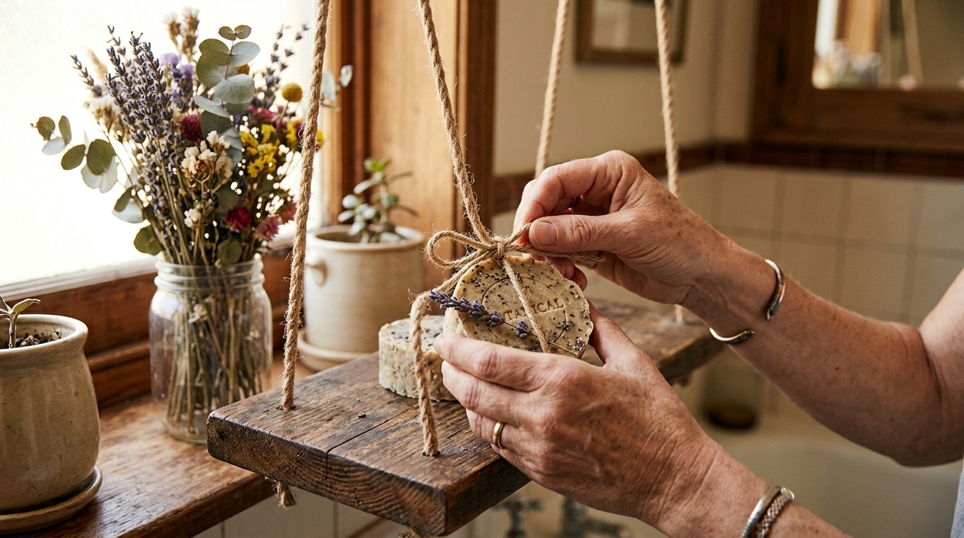 Mains attachant un savon décoratif sur une corde
