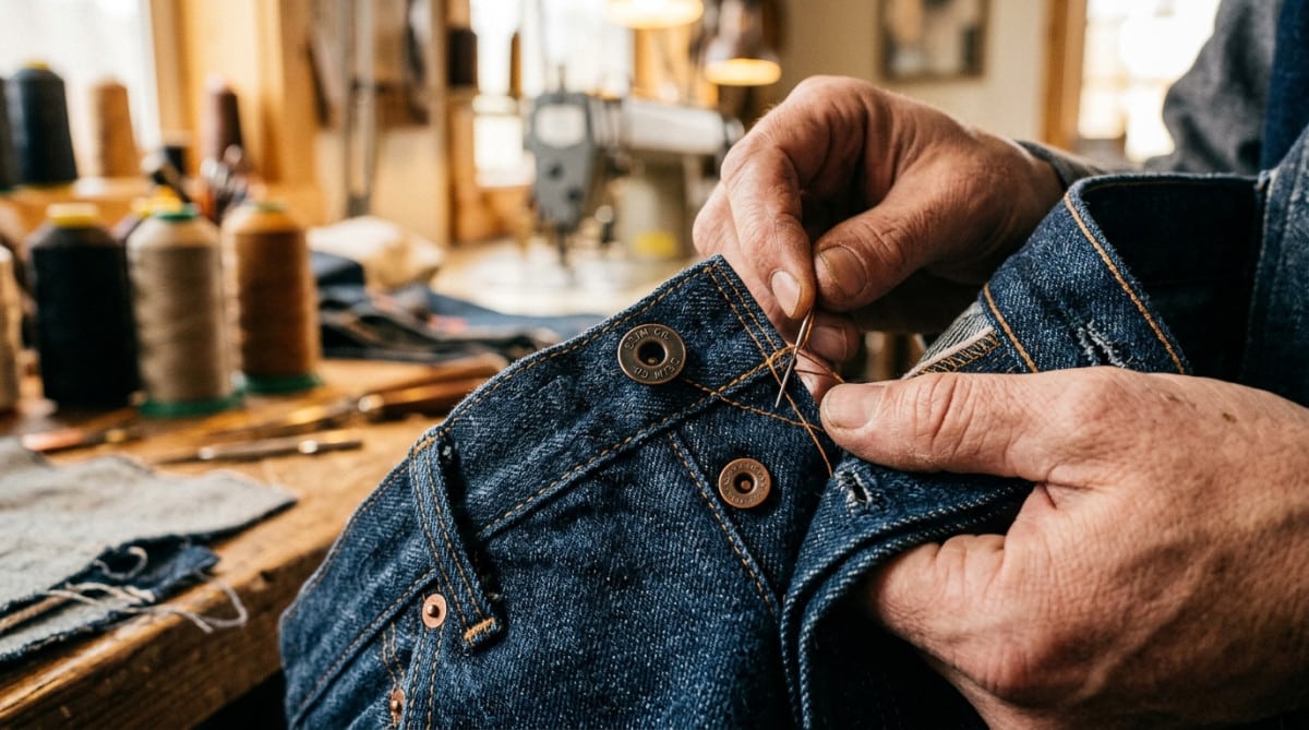 Rivets en cuivre cousus sur un jean en denim brut