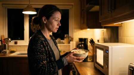 Femme inquiète tenant un bol de riz réchauffé
