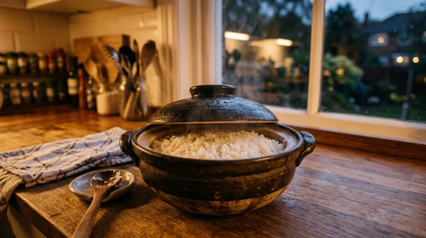 Casserole de riz oubliée sur un plan de travail