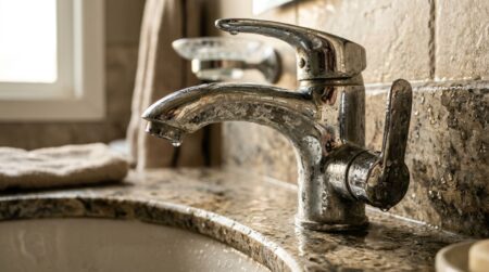 Robinet chromé couvert de traces blanches de calcaire