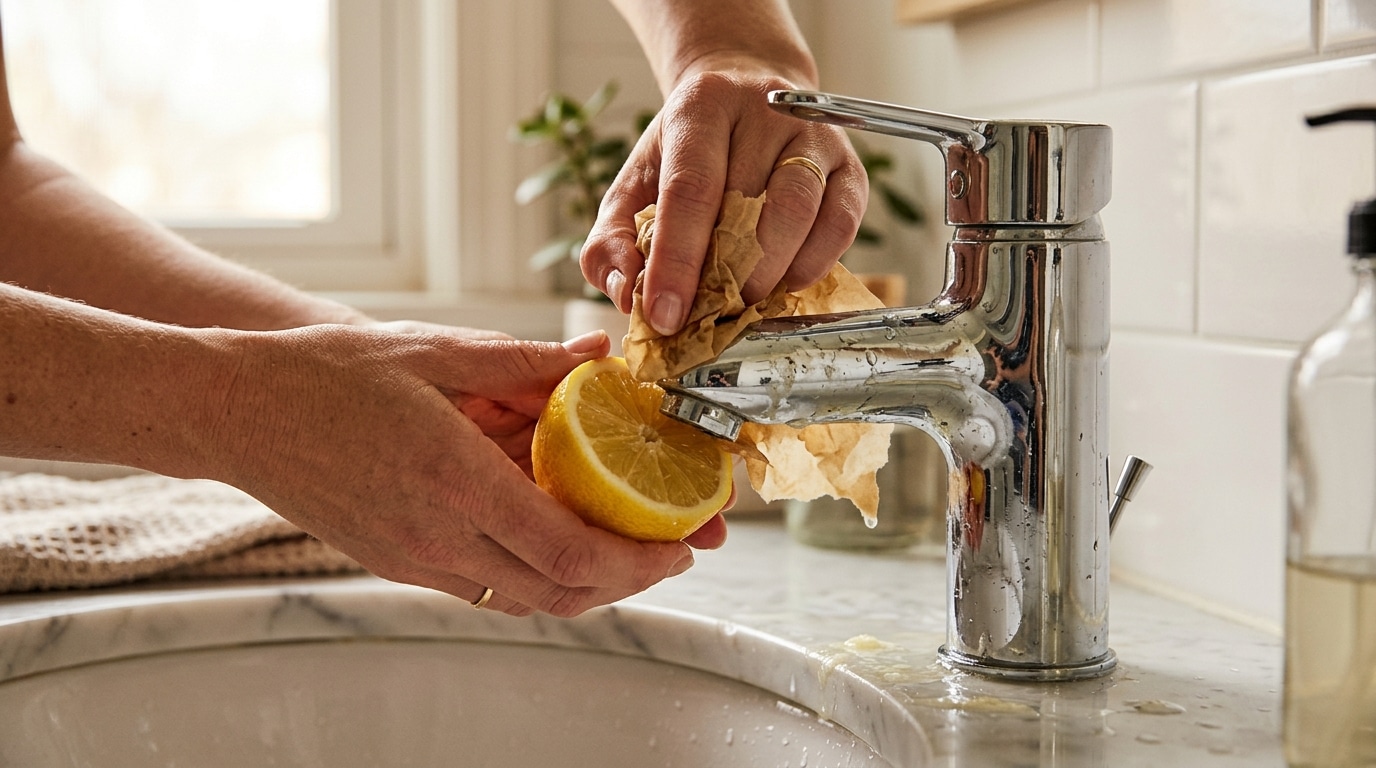 Mains frottant un citron sur un robinet chromé