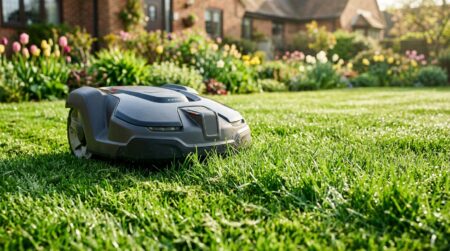 Robot tondeuse autonome sur pelouse verte ensoleillée
