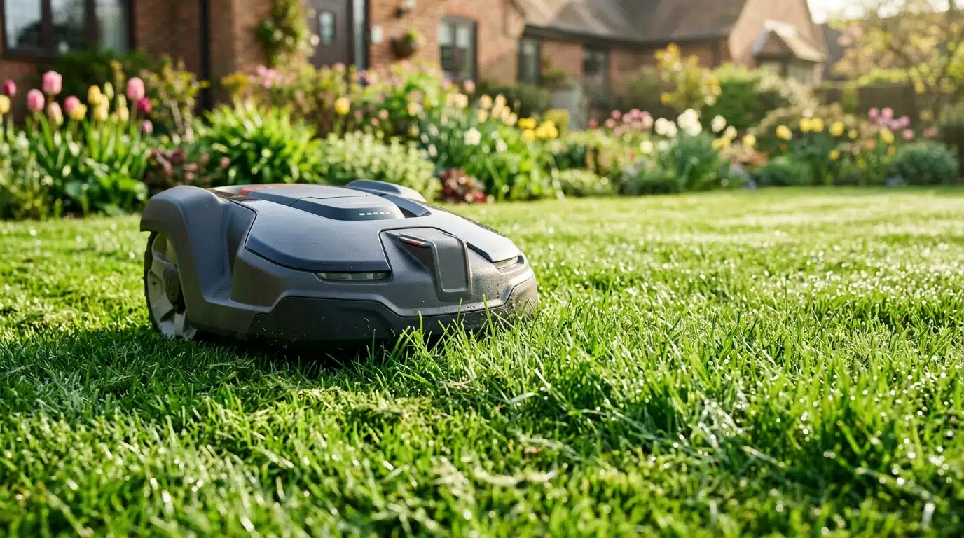 Robot tondeuse autonome sur pelouse verte ensoleillée