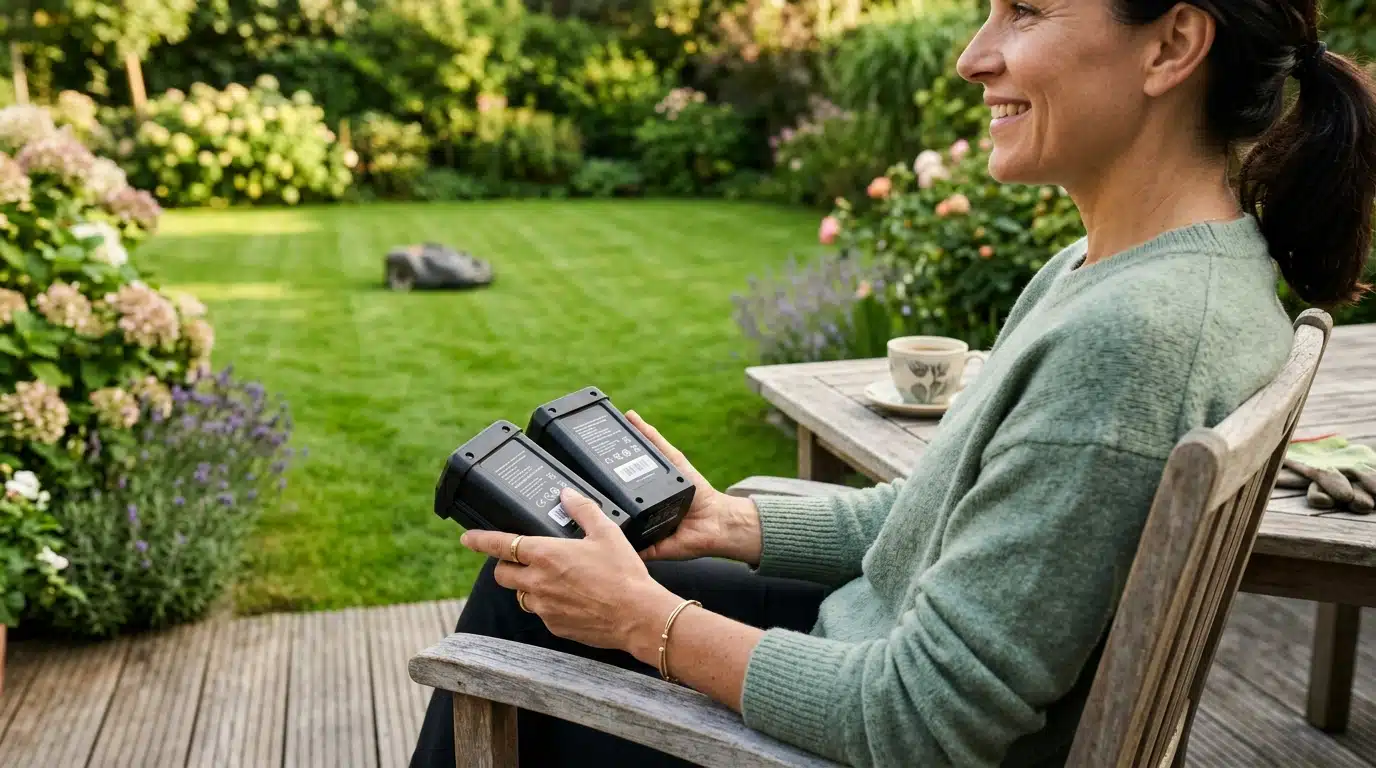 Mains tenant deux batteries amovibles près du jardin