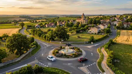 Rond-point français vu du ciel avec fontaine centrale