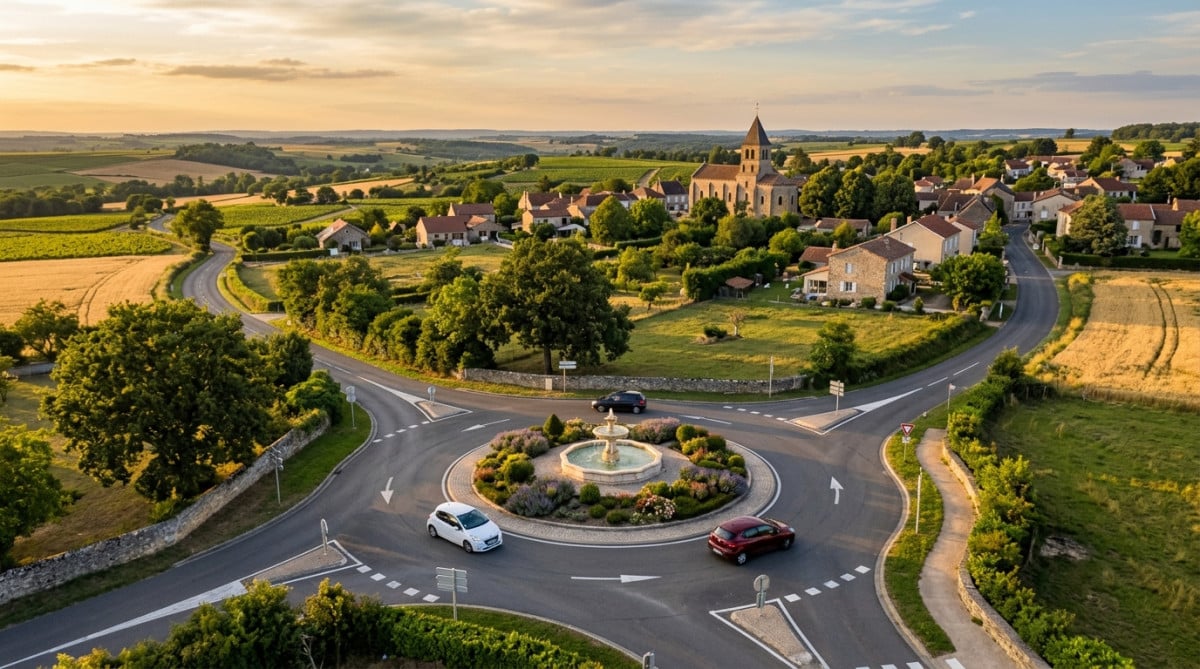 Rond-point français vu du ciel avec fontaine centrale