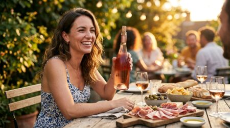 Femme souriante tenant une bouteille de rosé à l'apéro d'été