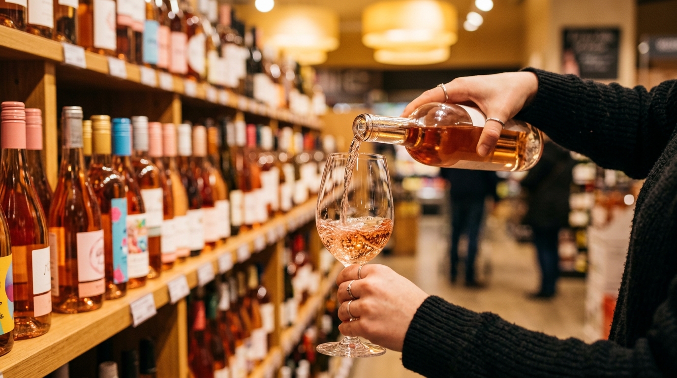 Verre de rosé servi devant des bouteilles en supermarché