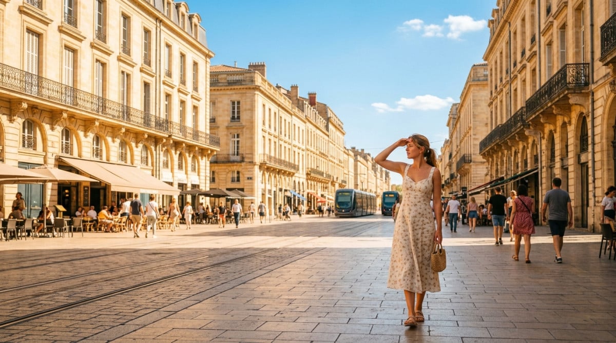Rue ensoleillée à Bordeaux sous forte chaleur estivale