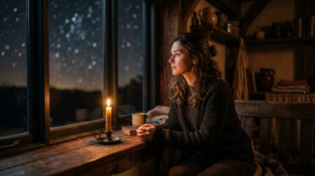 Femme pensive seule le soir à la fenêtre