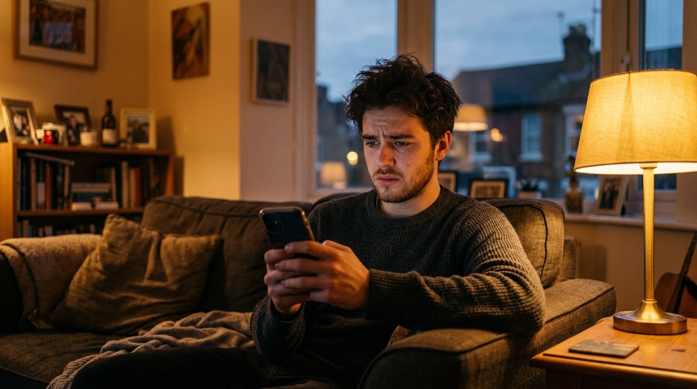 Homme hésitant tenant son téléphone avec émotion