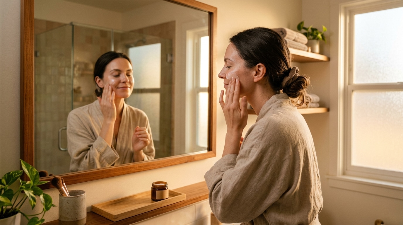 Femme appliquant une crème de soin devant un miroir