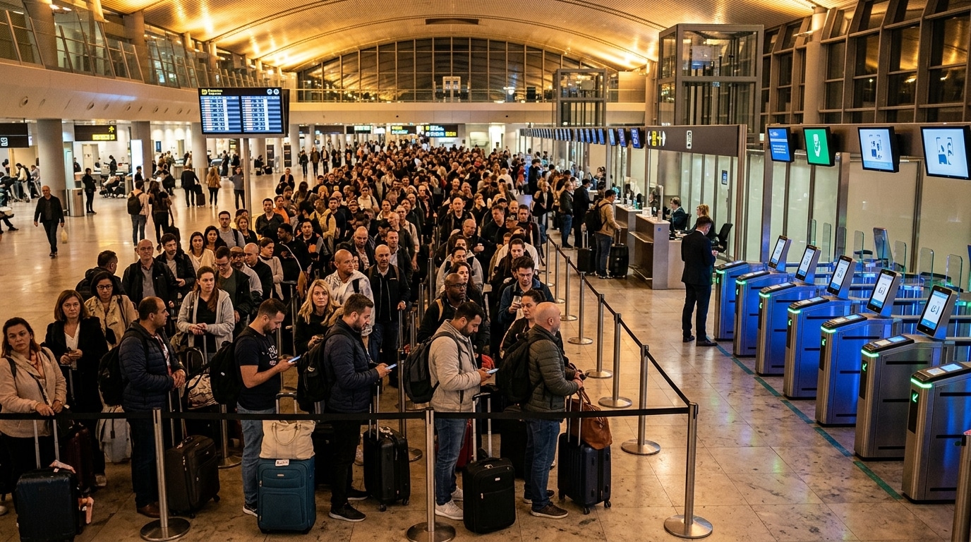 File d'attente au contrôle des passeports dans un aéroport européen