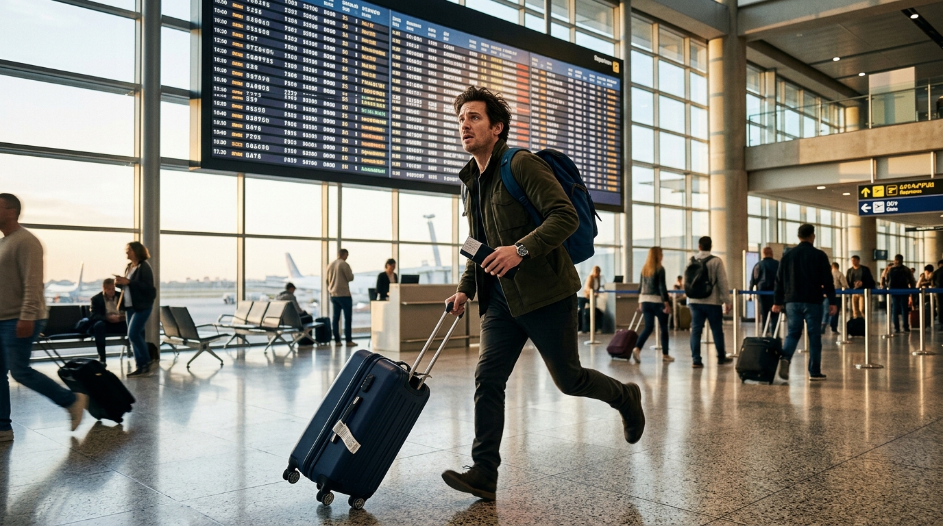 Voyageur pressé courant dans un terminal d'aéroport