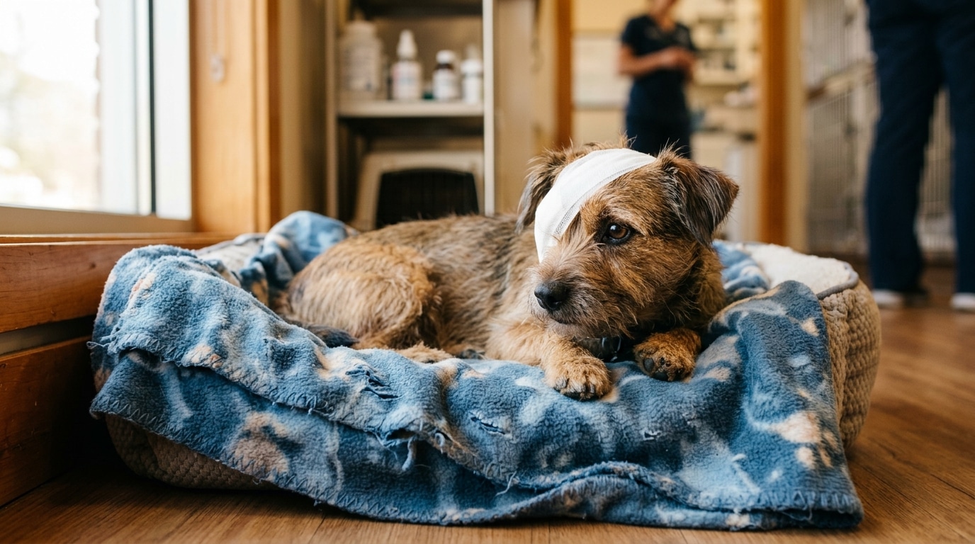 Petit chien blessé convalescent sur une couverture