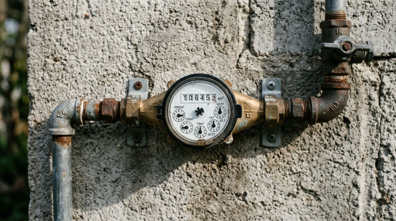 Compteur d'eau fixé sur un mur extérieur