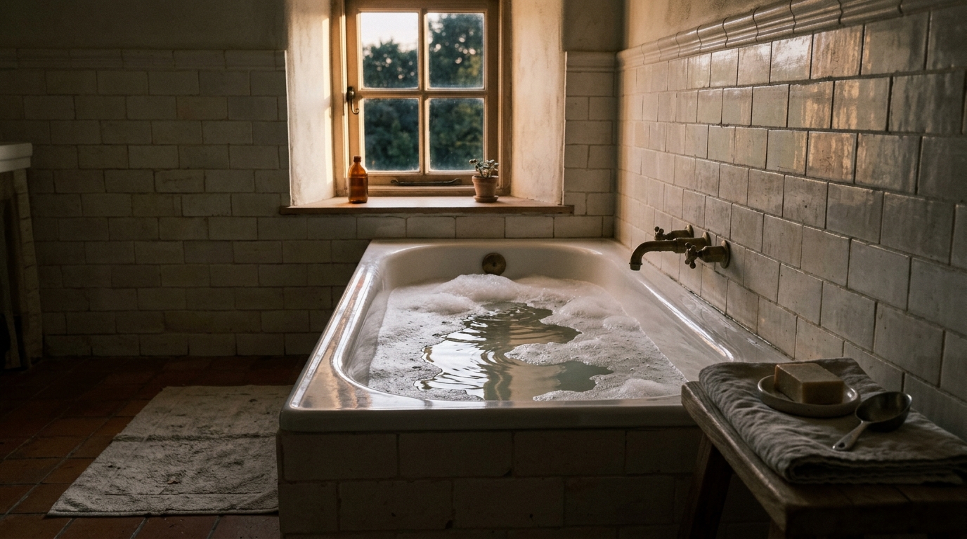 Salle de bain calme avec baignoire et bulles